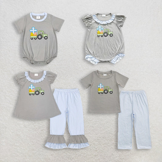 RTS NO MOQ Sibling Boys Baby Girls Easter Eggs Romper Outfit Clothing Set with Tee Shirt And Pants