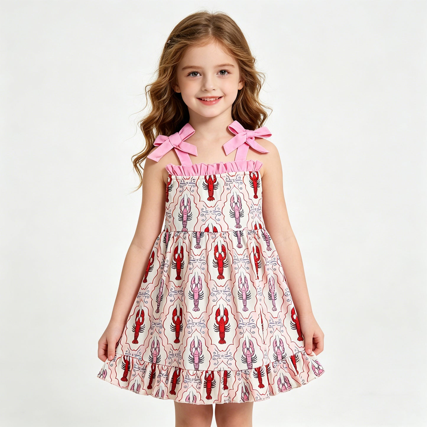RTS NO MOQ GSD3730 Baby Girls Crayfish Checked Straps Knee-Length Ruffle Dress