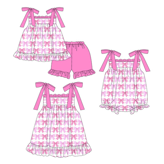 4.3 Custom moq 5 mix size Sibling Baby Girl's Pink Bows Strap Top And Short Set Cute Romper Dress for Summer
