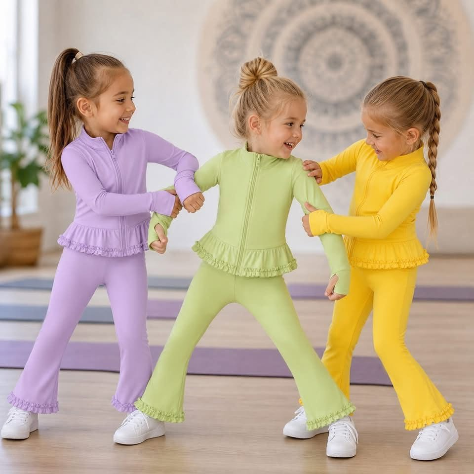 (Preorder new) No moq Yoga Baby Girls Solid Color Full Zip Long Sleeve Top Pants Yoga Active Outfit Set