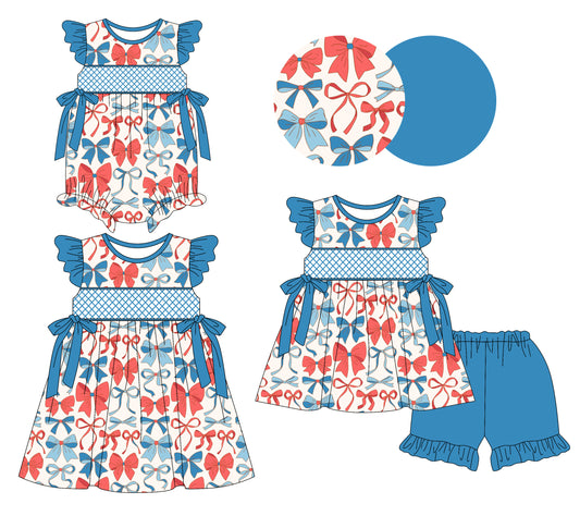 3.19 custom each style moq 5eta 4-6week Sibling Sisters bow baby girl short sleeve shorts sets and dress and rompers match family design