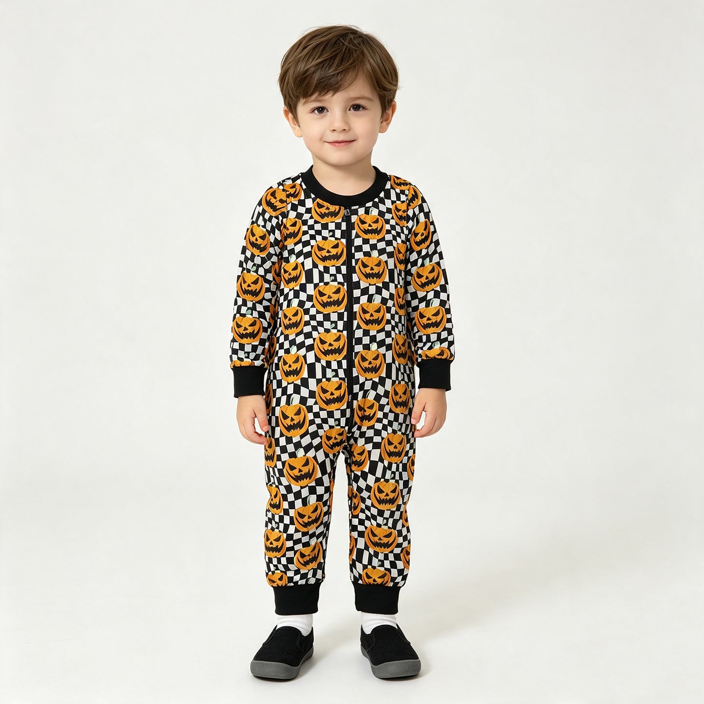 NEW RTS NO MOQ milk silk LR1389 Baby Boys Halloween Checkered Pumpkin Long Sleeve Romper