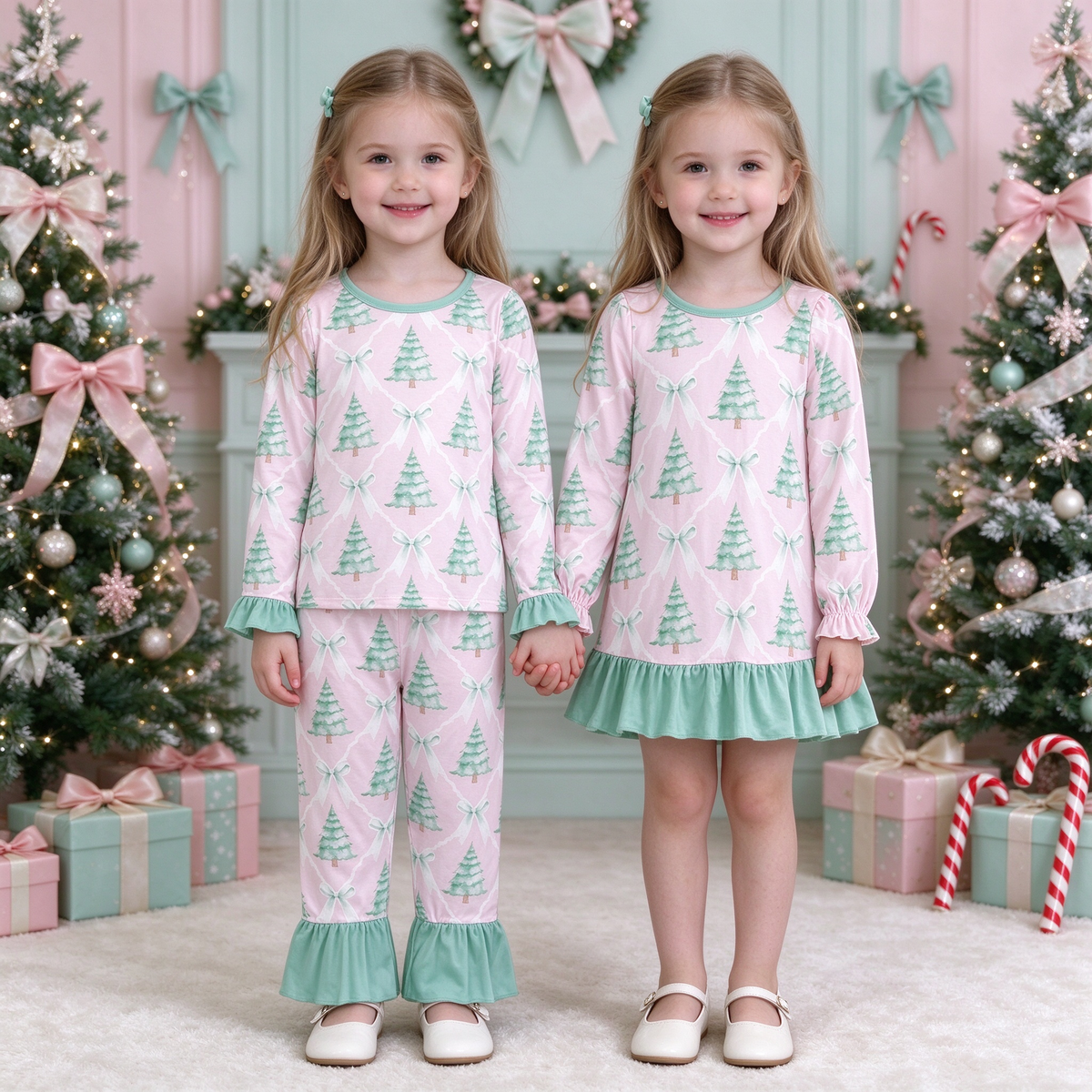 Baby Girls Christmas Trees Bows Collection - Pink Mint Ruffle Pajama Set & Dress