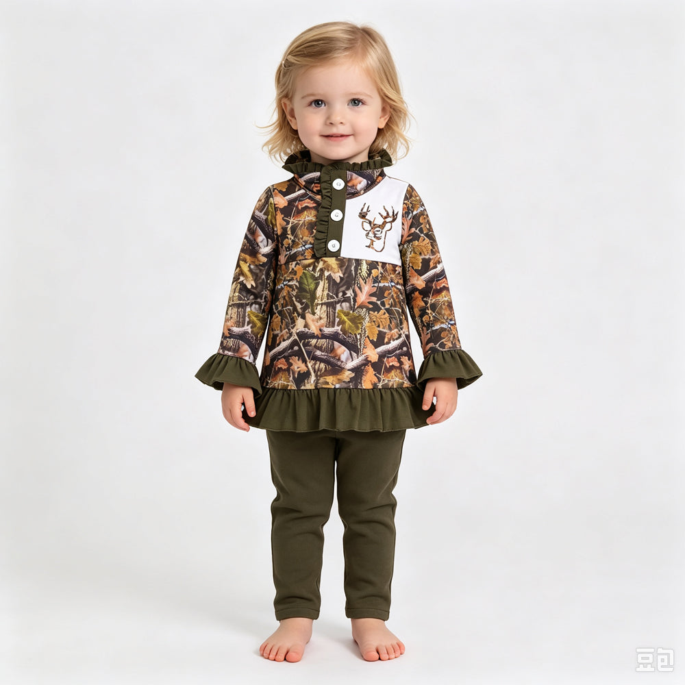 RTS NO MOQ Sibling milk silk Baby Girls Long Sleeve Camo Half Zip Ruffle Top Print Pullover