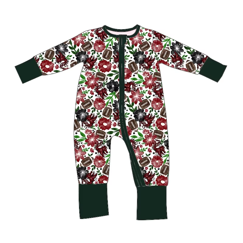 Custom moq 3 eta 6-8 weeks Burgundy flower leaves black long-sleeved zip-up romper