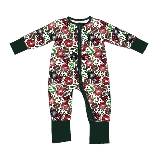 Custom moq 3 eta 6-8 weeks Burgundy flower leaves black long-sleeved zip-up romper