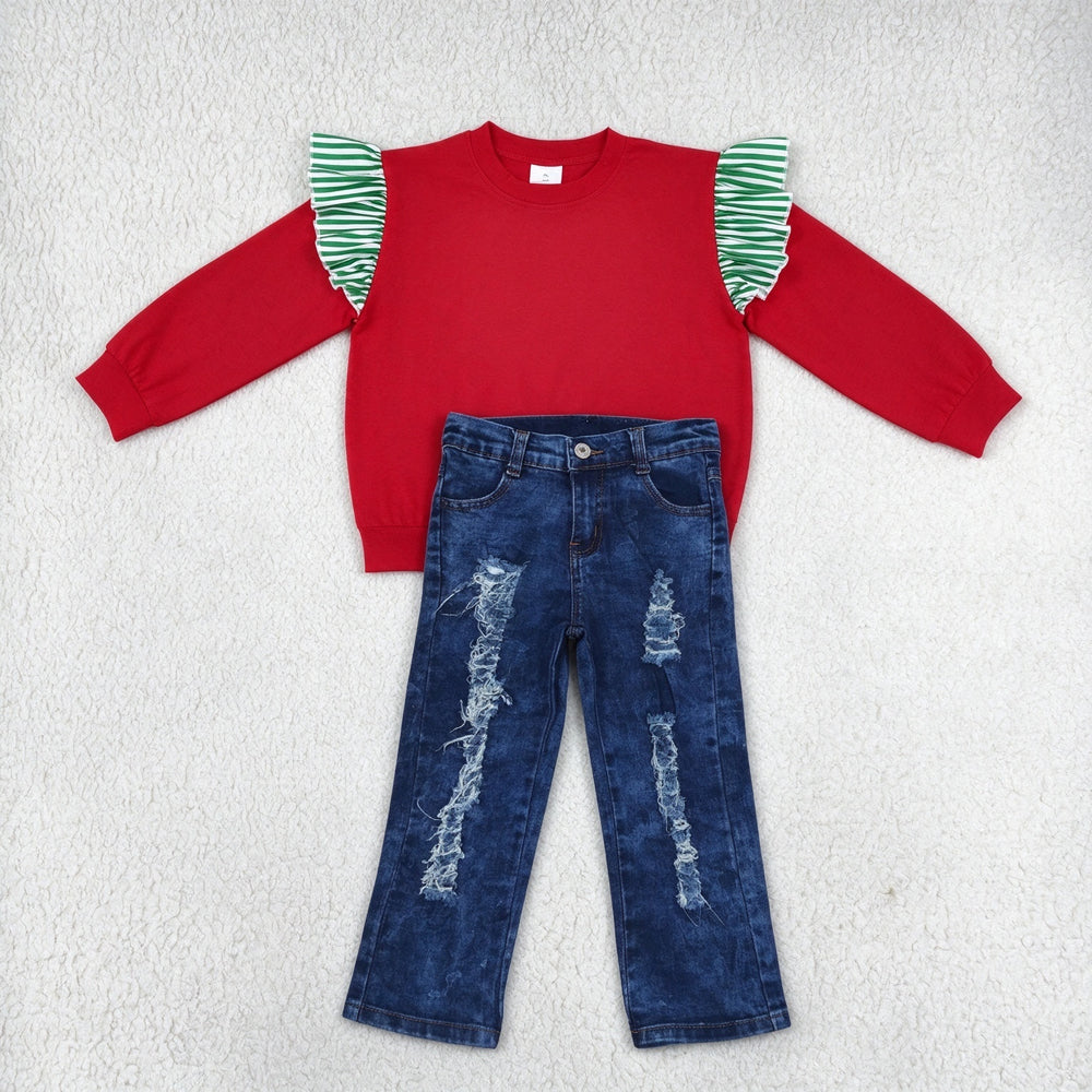 NEW RTS NO MOQ Denim GT1844+ P0197 Baby Girls Green White Striped Ruffle Shoulder Long Sleeve Red Top Straight Leg Denim Jeans Outfit