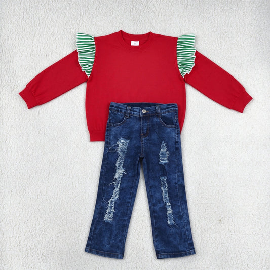 NEW RTS NO MOQ Denim GT1844+ P0197 Baby Girls Green White Striped Ruffle Shoulder Long Sleeve Red Top Straight Leg Denim Jeans Outfit