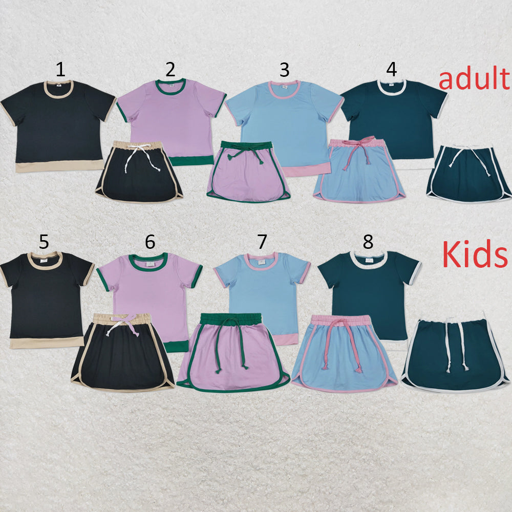 RTS NO MOQ Sibling  Mom And Me Solid Color Short Sleeve Top Skirt Shorts for Summer Casual Wear Cotton Set