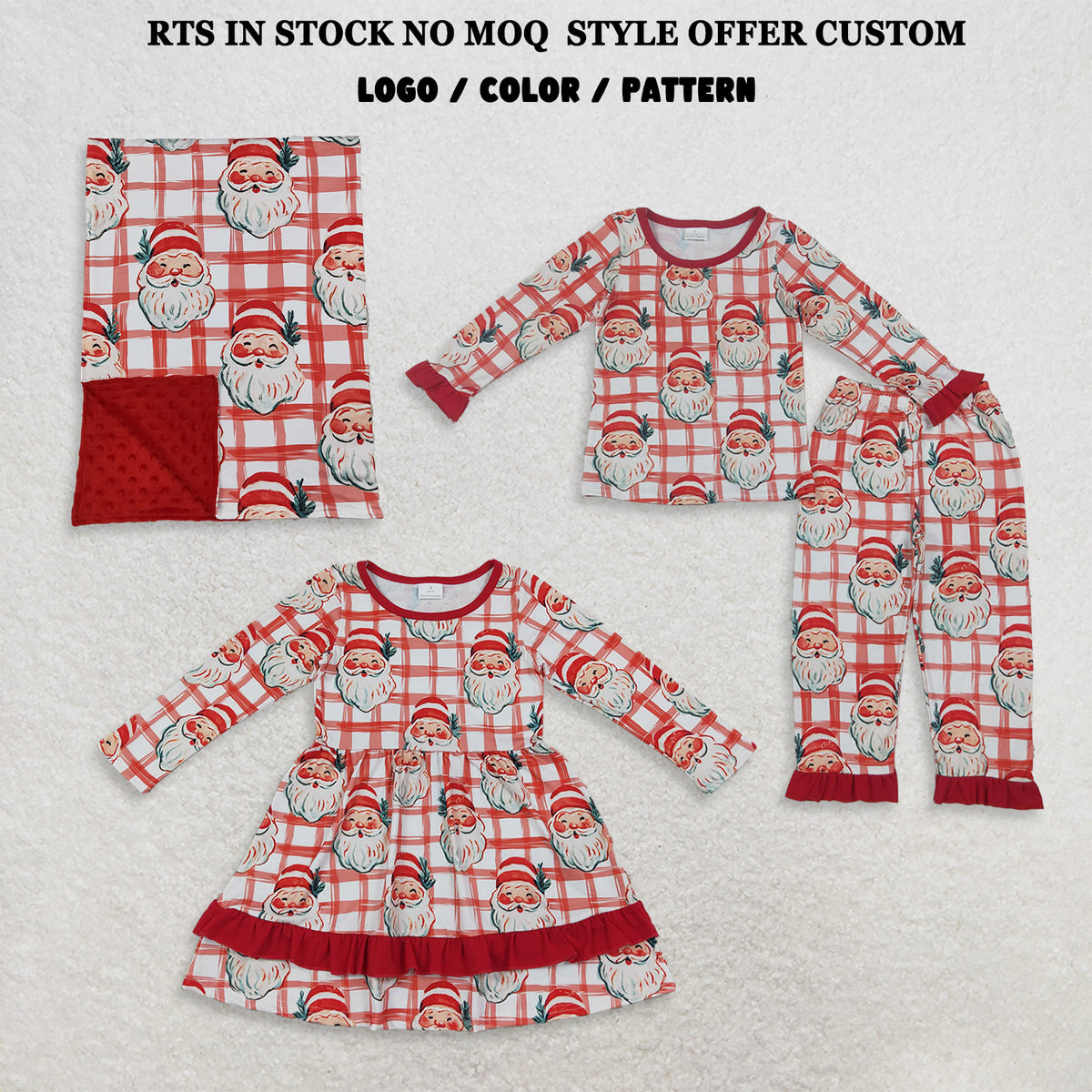RTS NO MOQ Sibling milk silk Girls Red Plaid Santa Print Christmas Pajamas Dress And Minky Blanket Matching Family Holiday Outfit Set