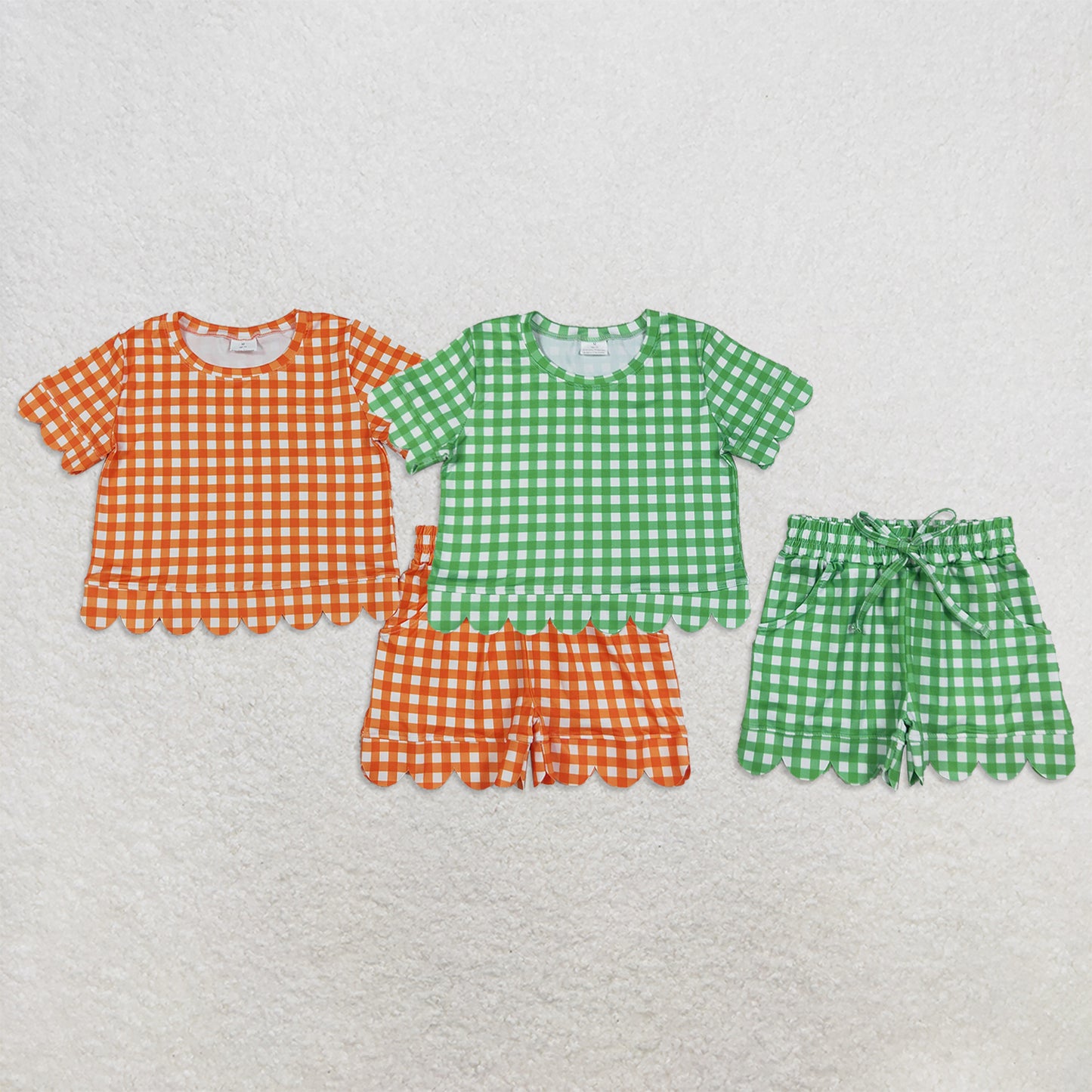 RTS NO MOQ Sibling milk silk Baby Girls Checked Shirt Top Matching Scallop Shorts Clothes Set