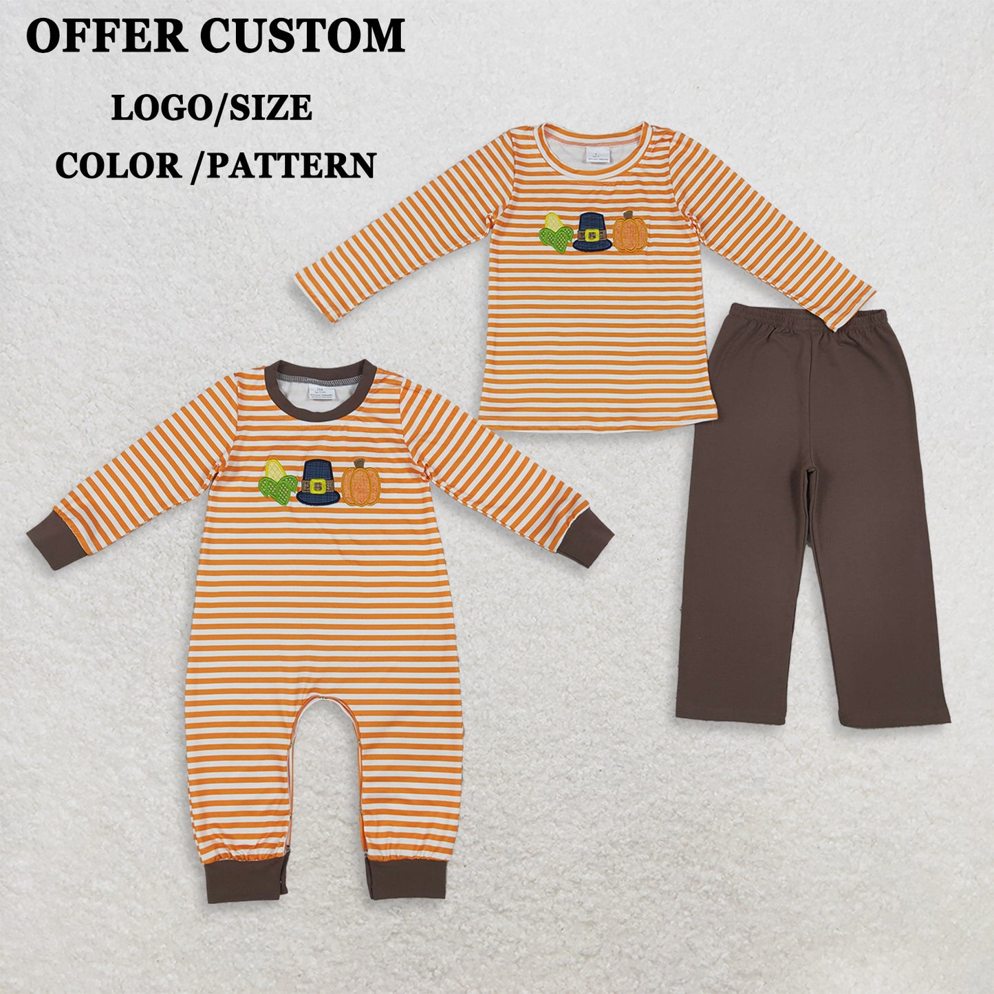 RTS NO MOQ Sibling milk silk Embroidery Pumpkin Baby Boys Orange Stripe Top Pant Fall Clothes Sets Rompers