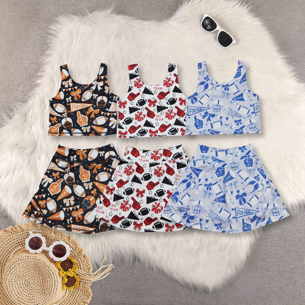 RTS NO MOQ Sibling baby girl clothes team cheer skirt yoga sets