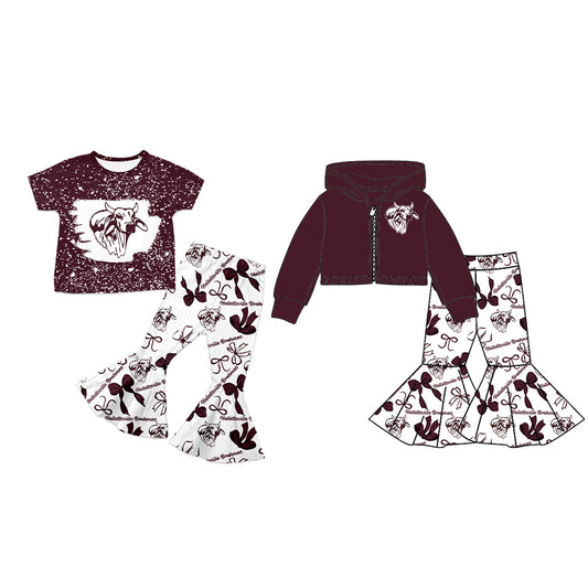 Custom moq 5 mix size milk silk summer teams baby girls clothes bow brick red short sleeve pants sets and hooded long sleeve pants sets-25.7.23