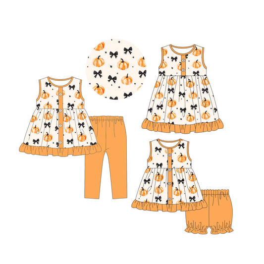 4.30 custom each style moq 5eta 4-6week Sibling Sisters pumpkin bow baby ghort sleeve shorts sets and pants sets and dress match family design