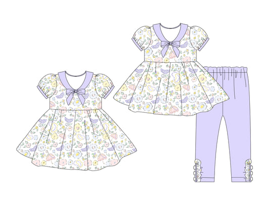 25.10.14 custom each style moq 5 eta 6-8week Sibling Sisters mardi gras floral baby girl short sleeve pants sets and dress match family design