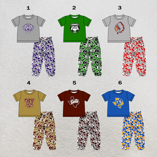 custom moq 5 mix size XY062701 Baby Boys Short Sleeve Top Drawstring Camouflage Pants Set