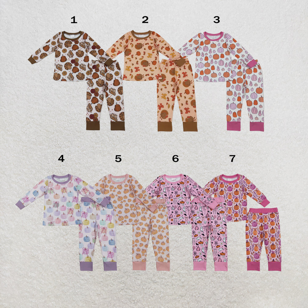 RTS NO MOQ Sibling milk silk Baby Girls Bows Pumpkins Print Long Sleeve Top Pants Two Piece Fall Pajamas Set