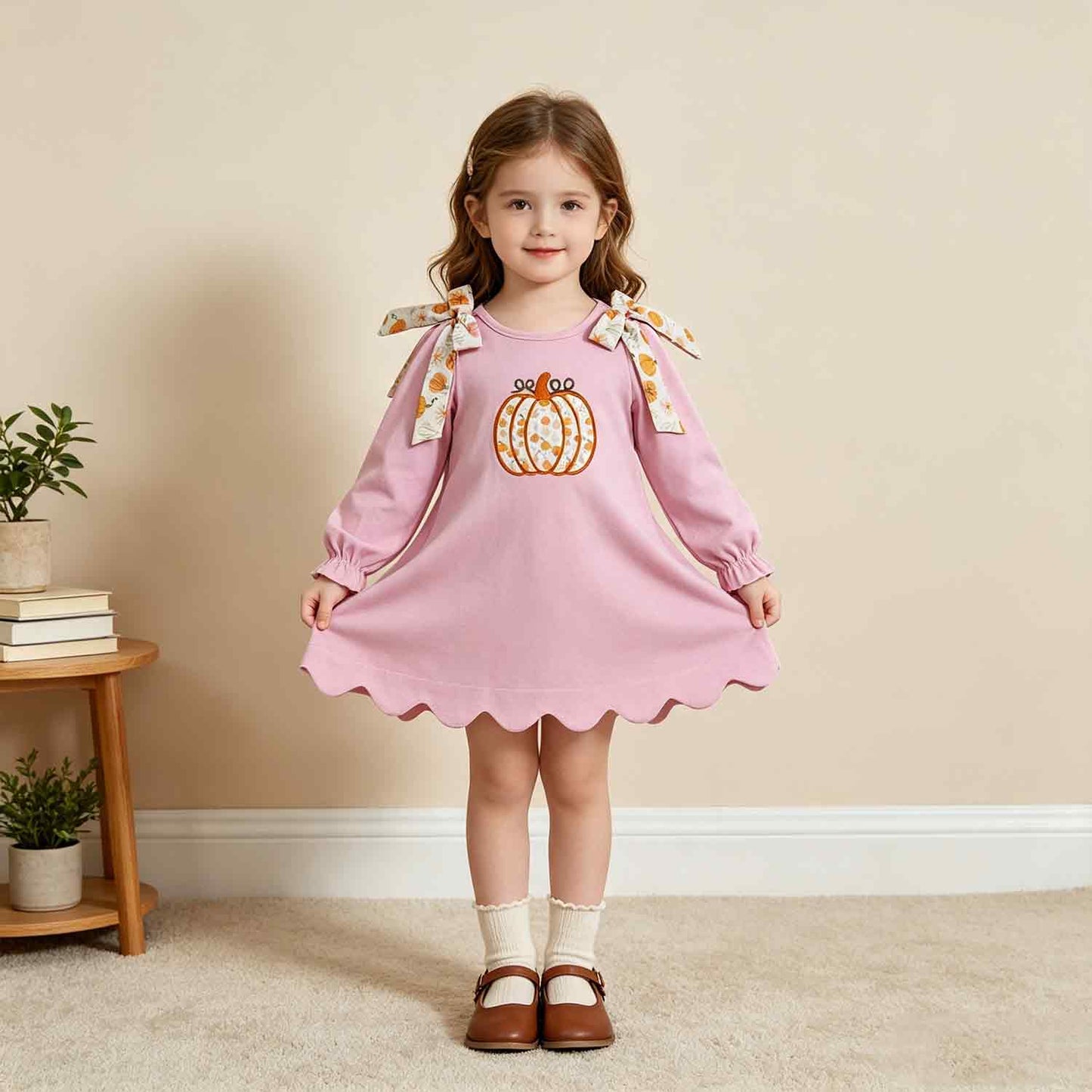 RTS No moq milk silk GLD1642 Embroidery Pumpkins Baby Girls Pink Fall Scallop Knee Length Dresses
