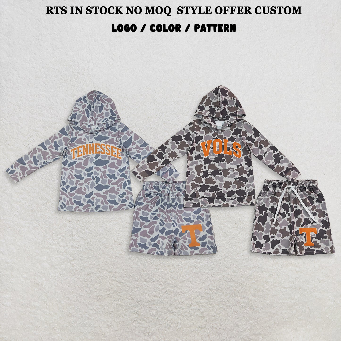 RTS NO MOQ Sibling milk silk Baby Boys Camo Long Sleeve Hoodie Pockets Shorts Casual Outfit