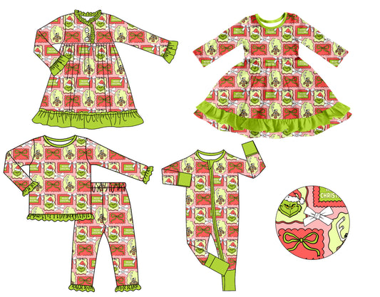 25.7.30 custom each style moq 5 eta 4-6week Sibling Sisters Christmas baby girl long sleeve pants sets and romper and dress 1 and dress 2 match family design