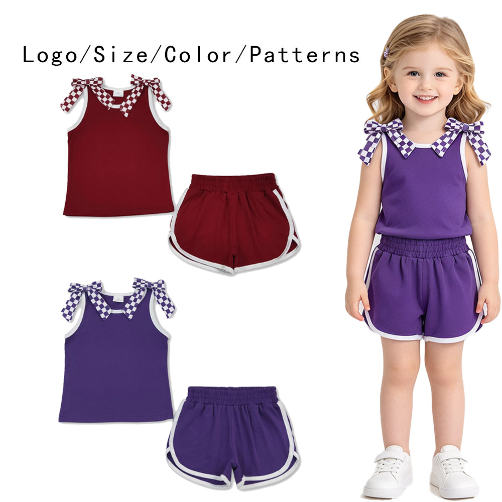 RTS NO MOQ Sibling cotton Baby Girls Checker Bow Tank Top And Shorts Casual Set