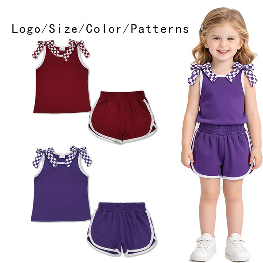 RTS NO MOQ Sibling cotton Baby Girls Checker Bow Tank Top And Shorts Casual Set