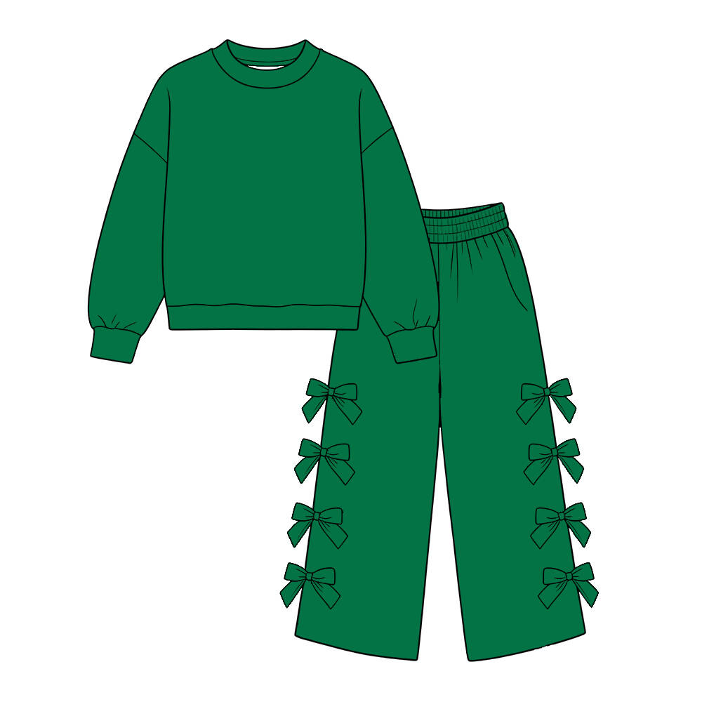 custom moq 5 mix size Baby Girls Green Long Sleeve Sweatshirt And Bow Wide Leg Trouser Set