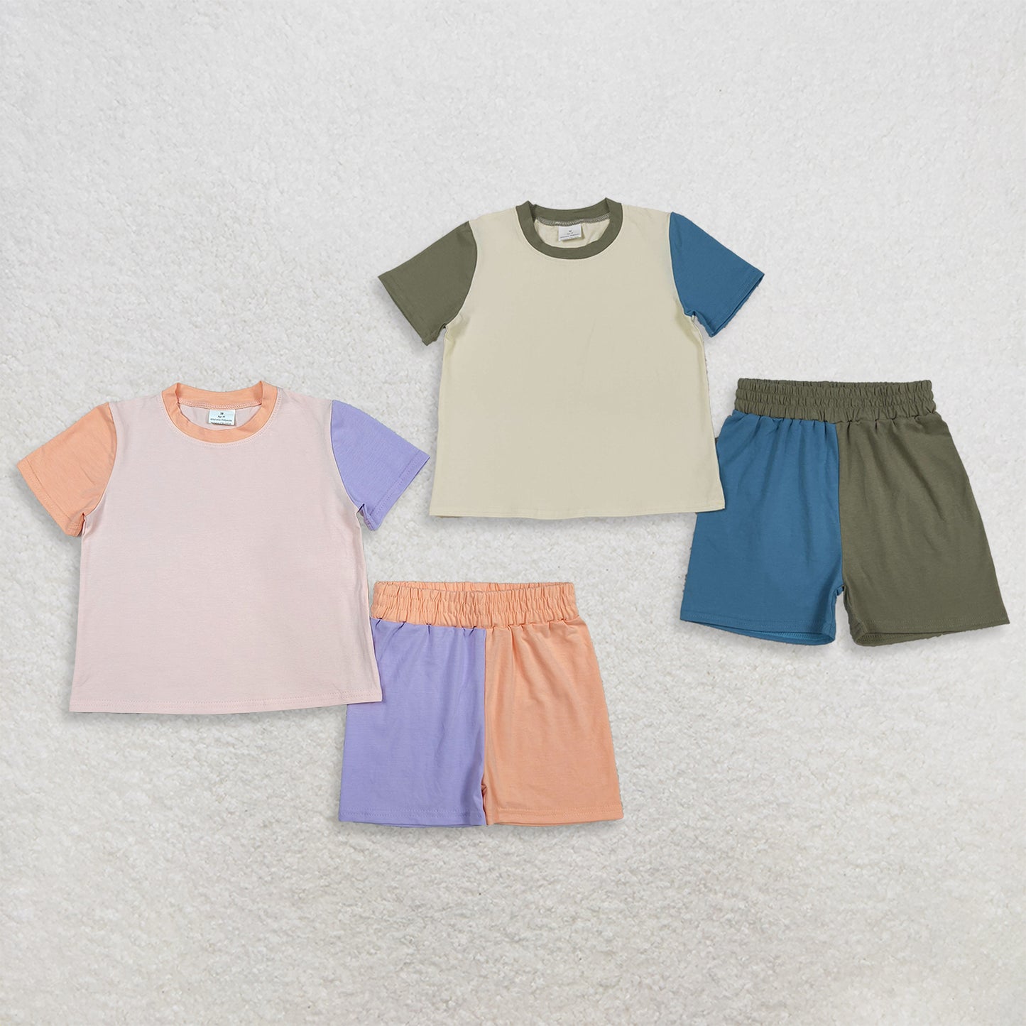 RTS NO MOQ Sibling milk silk Baby Girls Boys Peach Patchwork Daily Wear Slouchy Top Short Sets