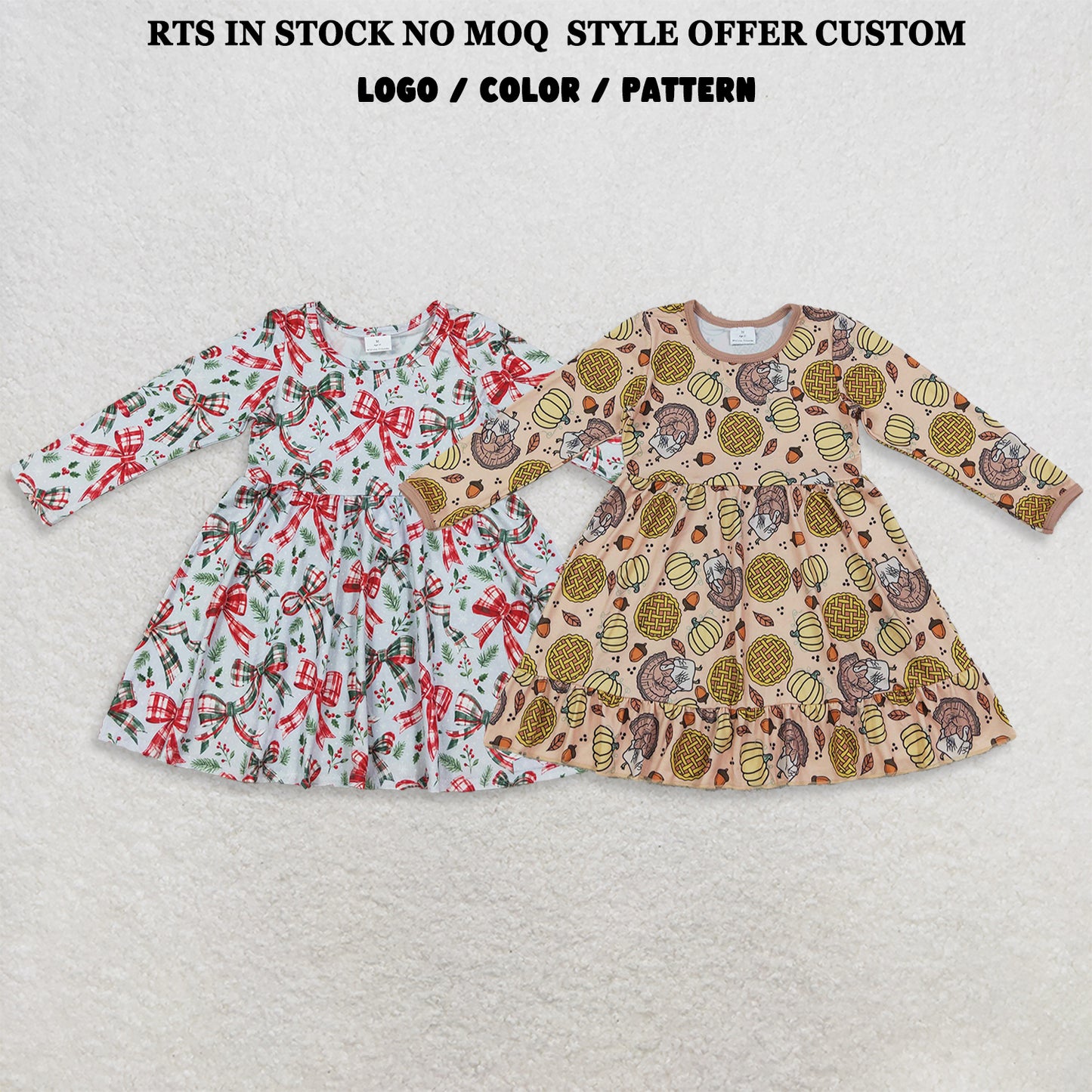 RTS NO MOQ Sibling milk silk Baby Girls Bows Long Sleeve Knee Length Holiday Dress Daily Fall Winter Wear