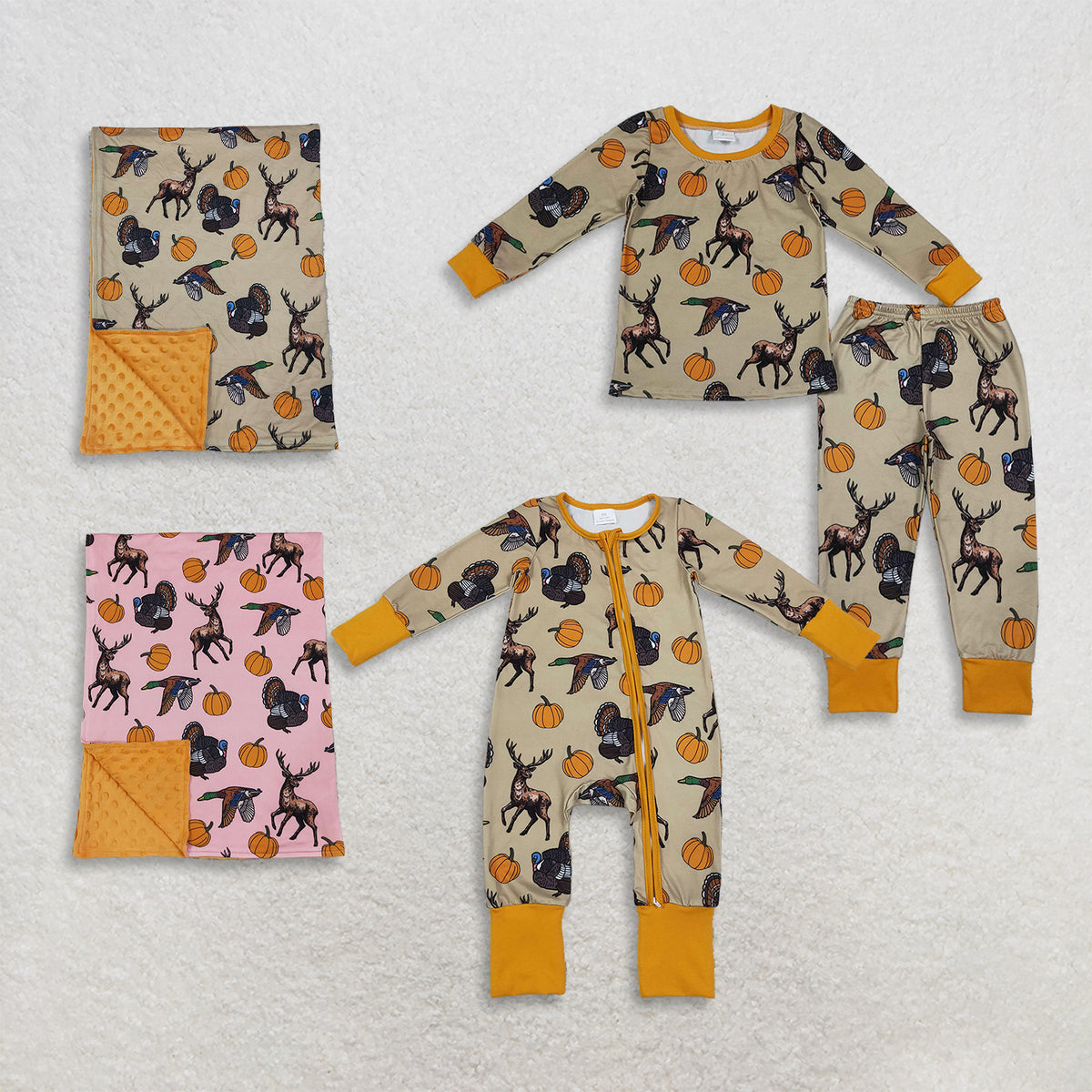 RTS NO MOQ Sibling milk silk Baby Boys Turkey Deer Duck Pumpkin Thanksgiving Hunting Print Long Sleeve Pajamas Set Romper Blankets