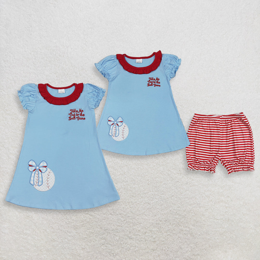 RTS NO MOQ Sibling Baby Girls Embroidered Baseballs Bows Tunic Top with Stripe Ruffle Shorts Set Dress Outfit