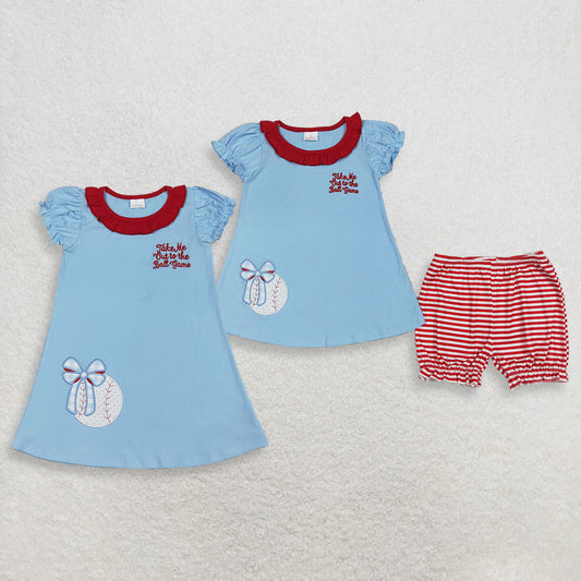 RTS NO MOQ Sibling Baby Girls Embroidered Baseballs Bows Tunic Top with Stripe Ruffle Shorts Set Dress Outfit