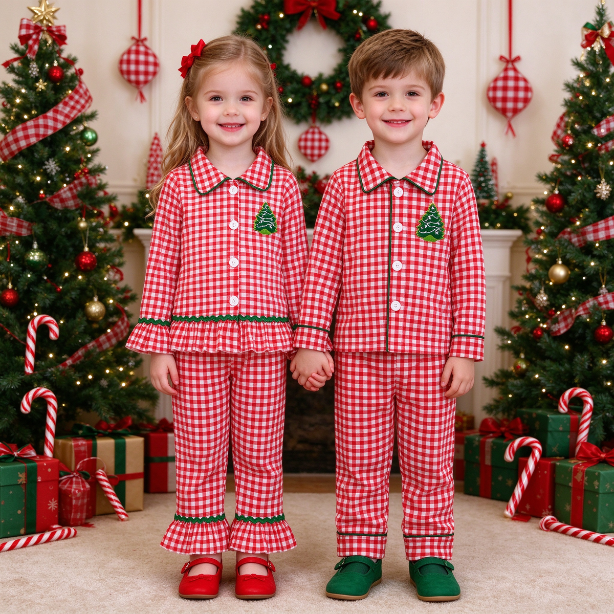 Sibling Christmas PJs, Red Gingham, Girl Ruffle & Boy Green Trim