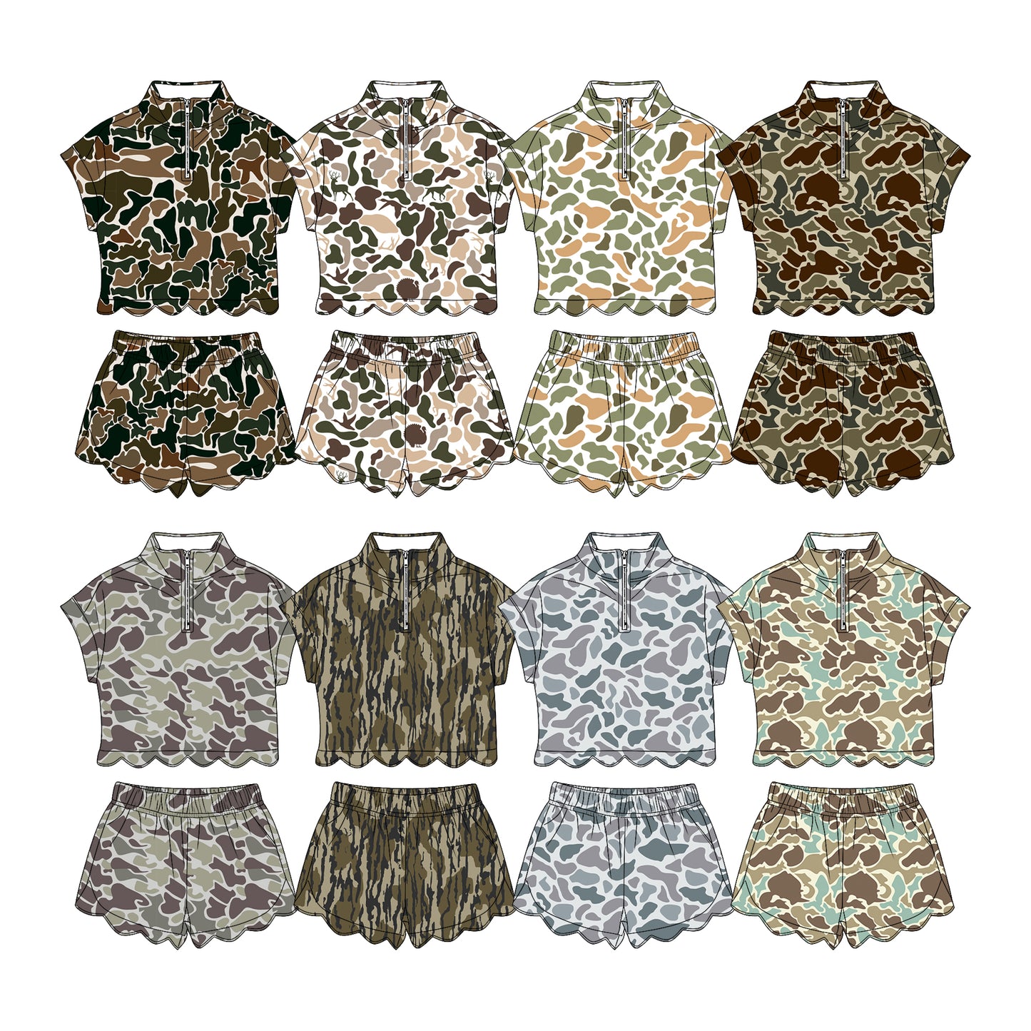 3.11 Custom moq 5 mix size Sibling Kids' Camouflage Scallop Short-Sleeved Zipper Top And Shorts Set Summer Outfits