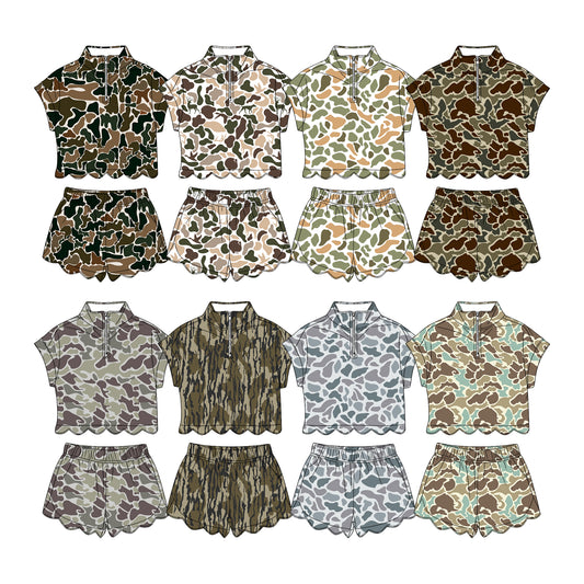 3.11 Custom moq 5 mix size Sibling Kids' Camouflage Scallop Short-Sleeved Zipper Top And Shorts Set Summer Outfits