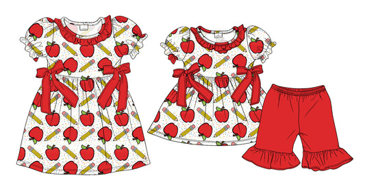 3.24  Custom moq 5 mix size Sibling Baby Girl's Pink Floral Short-Sleeved Top with Bow And Red Short Set Cute Short-Sleeved Dress for Summer