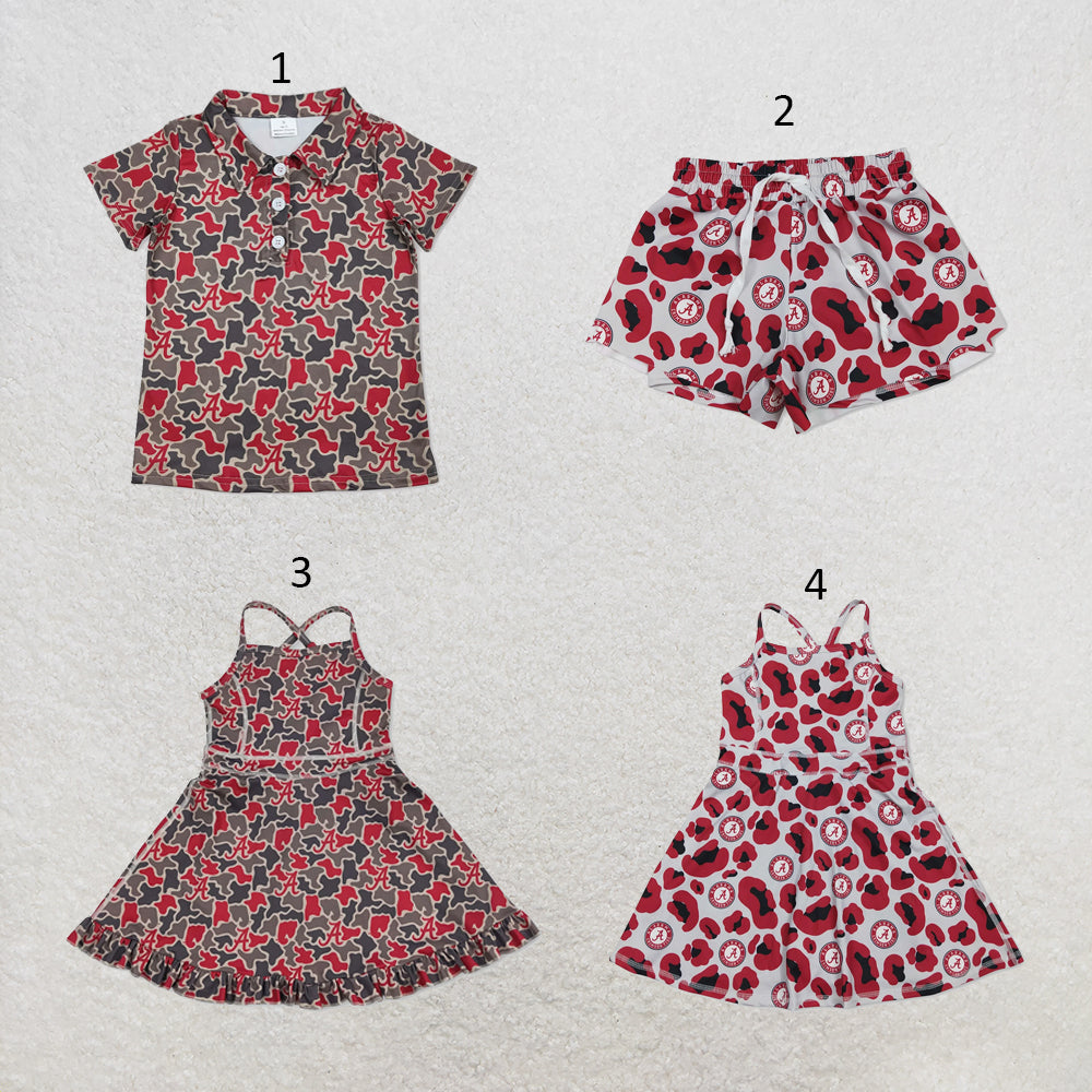 RTS NO MOQ Sibling milk silk Baby Girls And Boys Camo Team Short Sleeve Button Polo Top Ruffle Hem Knee Length Dress