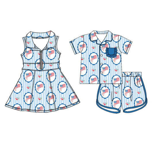 26.1.22 custom each style moq 5 eta 6-8week Sibling Sister flag bow baby short sleeve shorts sets and dress match design