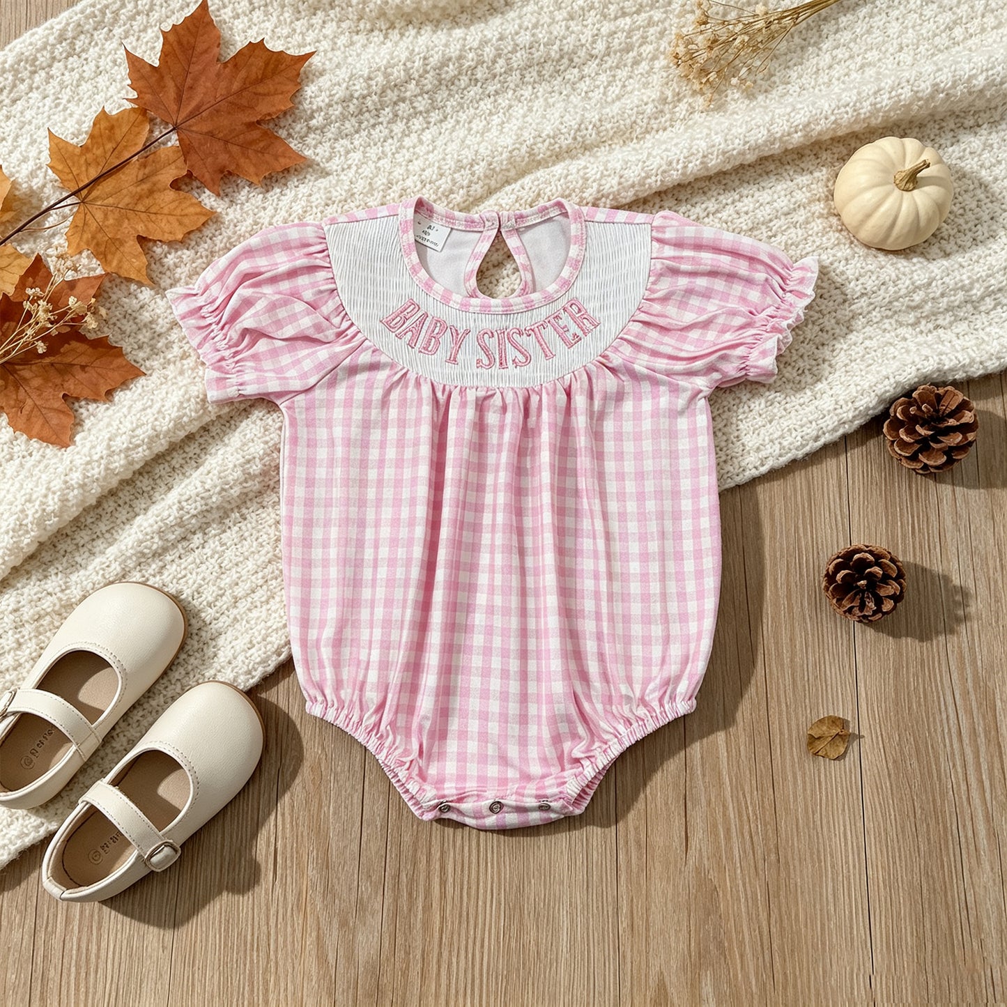 NEW RTS NO MOQ milk silk SR4230 Smocked Baby Girls Pink Plaid Short Sleeve Ruffle Cute Rompers
