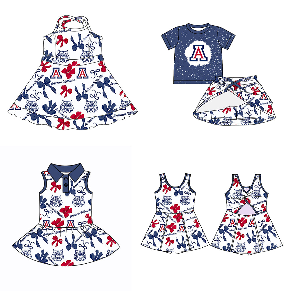Custom moq 5 mix sizes summer teams baby girls clothes team blue short sleeve skirts shorts sets dress 1 and dress 2 and dress 3 and dress 4-25.5.24