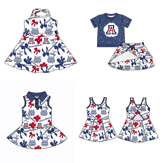 Custom moq 5 mix sizes summer teams baby girls clothes team blue short sleeve skirts shorts sets dress 1 and dress 2 and dress 3 and dress 4-25.5.24