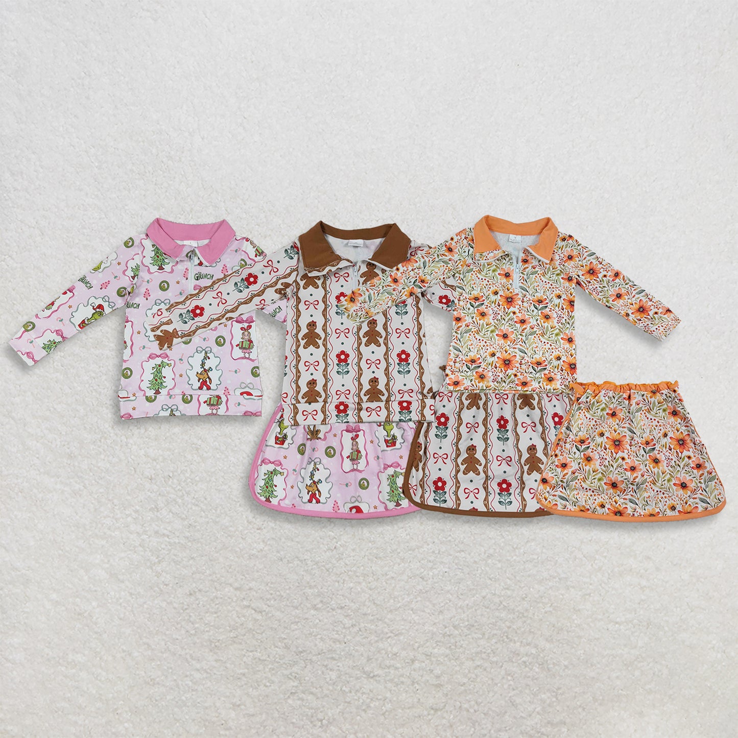 RTS NO MOQ Sibling milk silk Baby Girls Flower Print Zip Top Matching Scallop Skort Two Piece Christmas Clothes Set