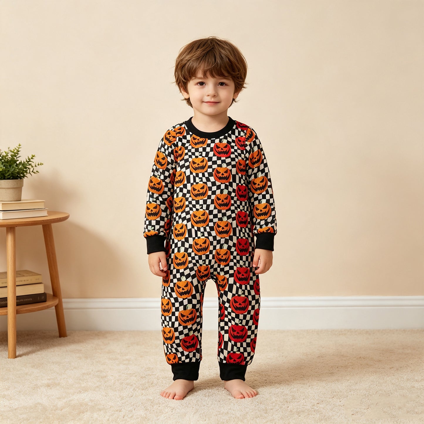 NEW RTS NO MOQ milk silk LR1389 Baby Boys Halloween Checkered Pumpkin Long Sleeve Romper