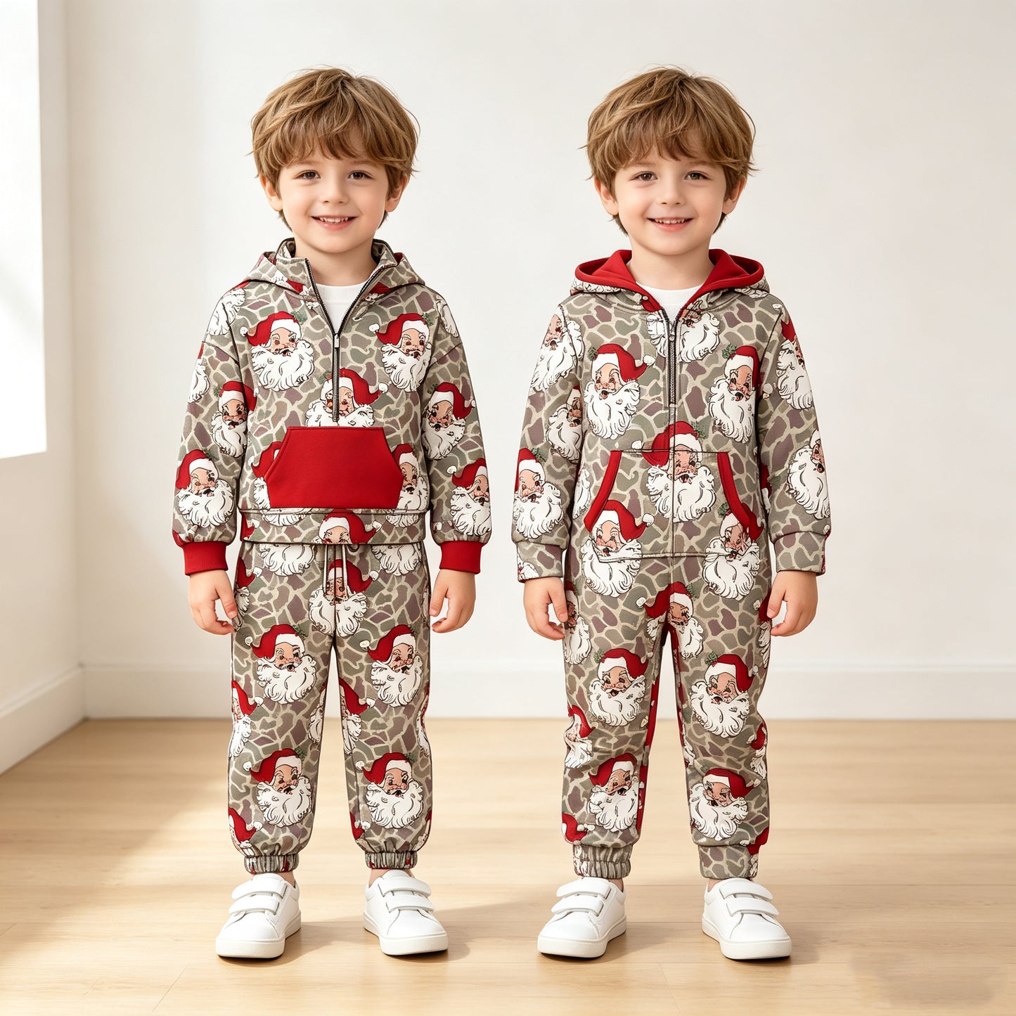 (Preorder new) No moq Baby Boys Khaki Camo Santa Zip Pocket Pullovers Joggers Christmas Outfit Rompers