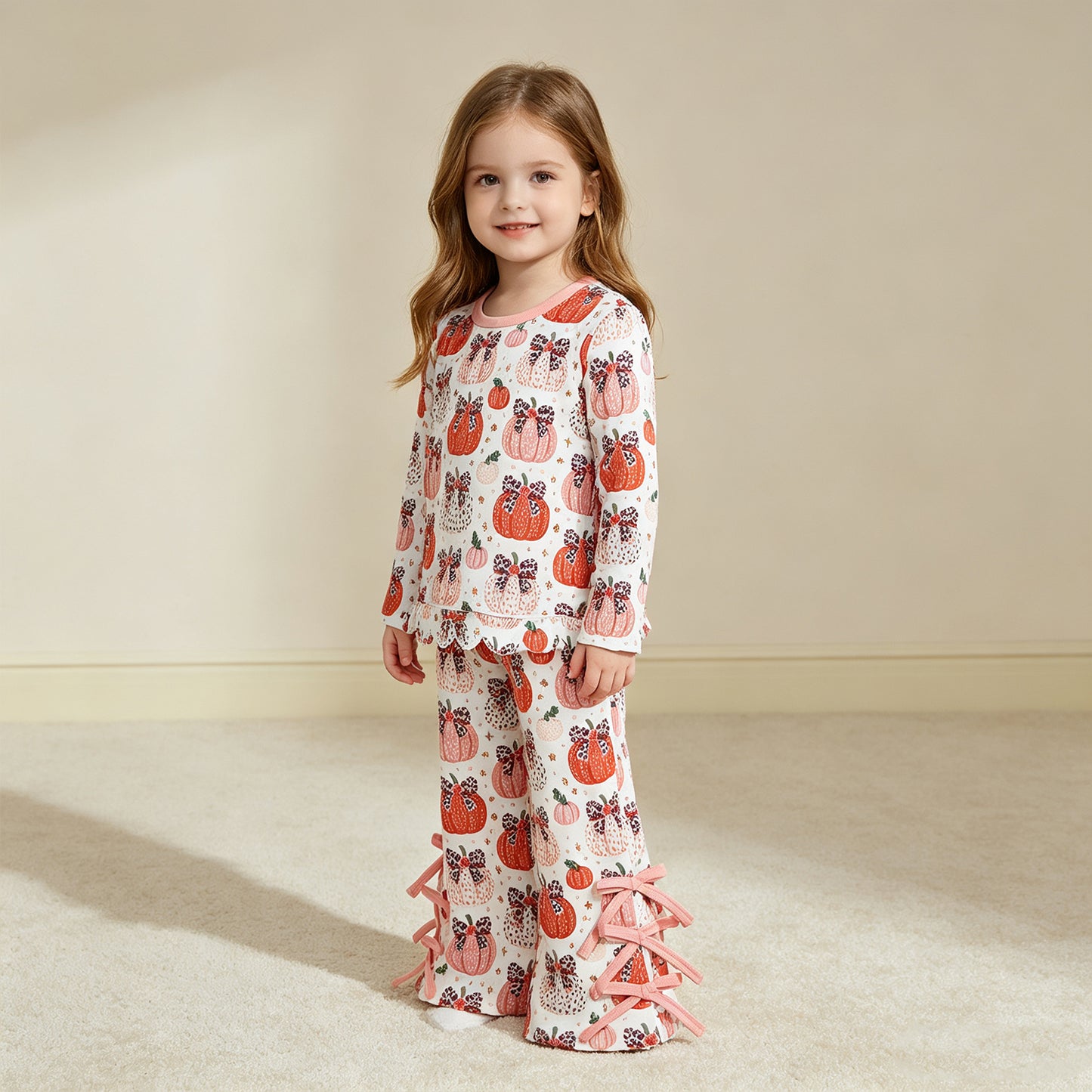 NEW RTS NO MOQ milk silk GLP3435 Baby Girls Leopard Bows Pumpkins Scallop Top Bows Pants Fall  Set