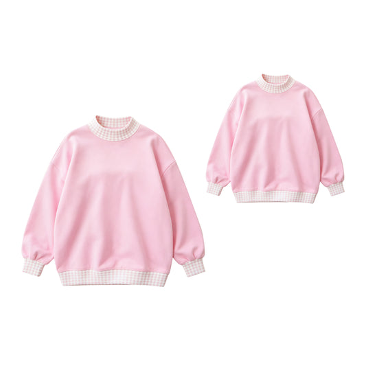 (Preorder new) No moq Kids And Adult Solid Pink Long Sleeve Crew Neck Casual Top