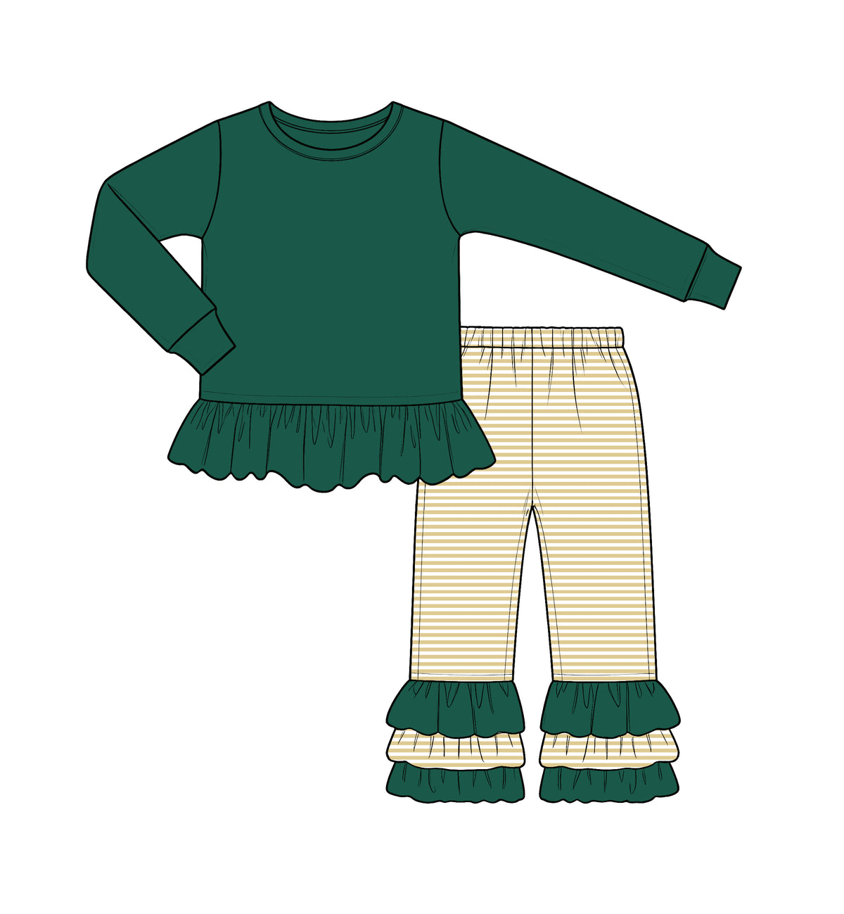 Custom moq 5 cotton fabric fall grils ruffle bow Green and creamy-yellow lace-trimmed long-sleeve top and trousers set blank offer custom logodie sets