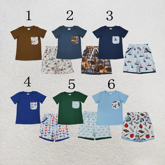 RTS NO MOQ Sibling Baby Boys Short Sleeve Shirts Top Pockets Shorts Clothes Sets
