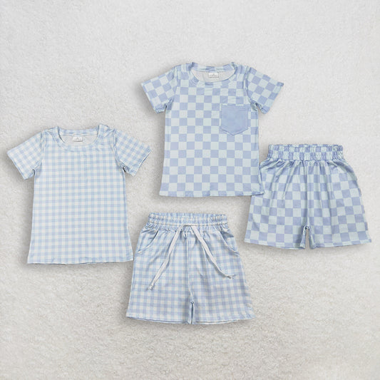 RTS NO MOQ Sibling Baby Boys Blue Checked Pajamas Set with Pocket Long Sleeve Top And Shorts